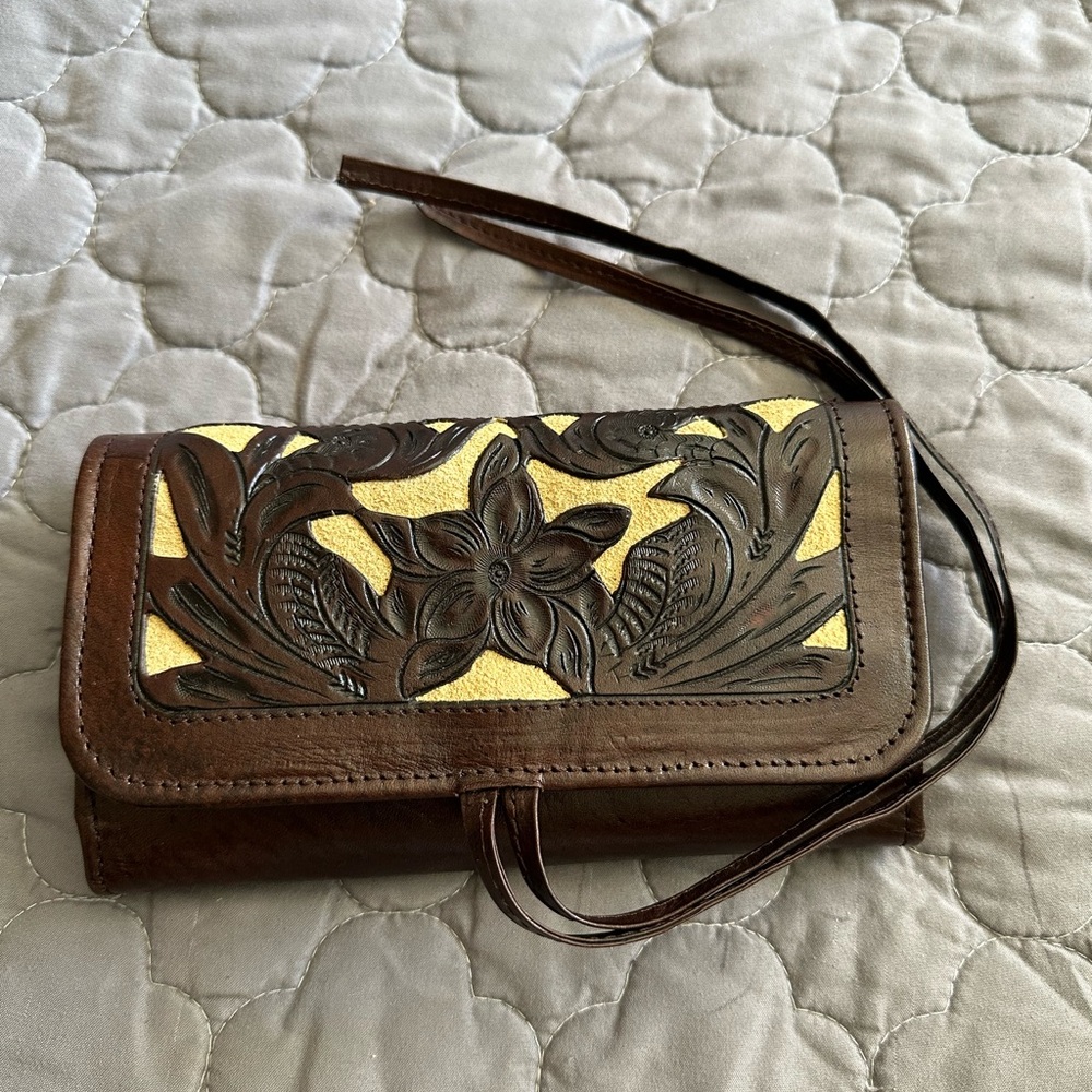 VINTAGE Brown and Yellow Floral Leather Jewelry Travel Wallet EUC